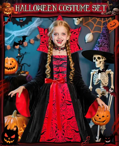 Vista 6 de DISHIO Disfraz de vampiro de Halloween para niñas, conjunto de disfraz real