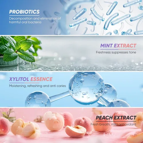 Vista 5 de Spray oral probiótico, combo de sabor a menta y melocotón, espray de aliento con prebióticos y probióticos, frescura duradera, sin alcohol, cómodo