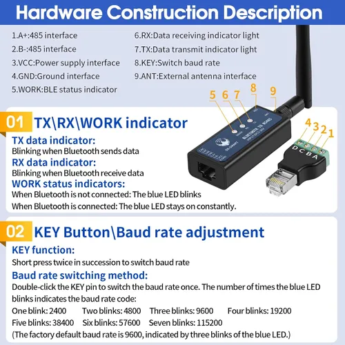 Vista 4 de Adaptador serie DX-CP24 RS485 a Bluetooth, módulo de comunicación Bluetooth inalámbrico industrial a convertidor RS485, cambia el dispositivo