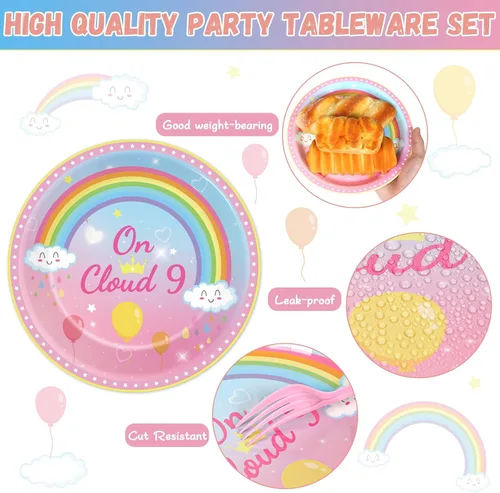 Vista 3 de 96 piezas de decoraciones de cumpleaños de On Cloud 9 para niñas, suministros de platos y servilletas de fiesta On Cloud 9, juego de vajilla