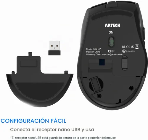 Vista 3 de Arteck Ratón inalámbrico, ratón óptico ergonómico inalámbrico USB de 2.4 G, con receptor Nano USB, botones de interruptor lateral silencioso