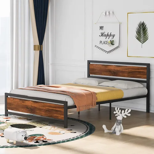 Vista 3 de Majnesvon Base de cama resistente de tamaño Queen con cabecera de madera moderna, plataforma de metal con marco de hierro esmerilado, almacenamiento