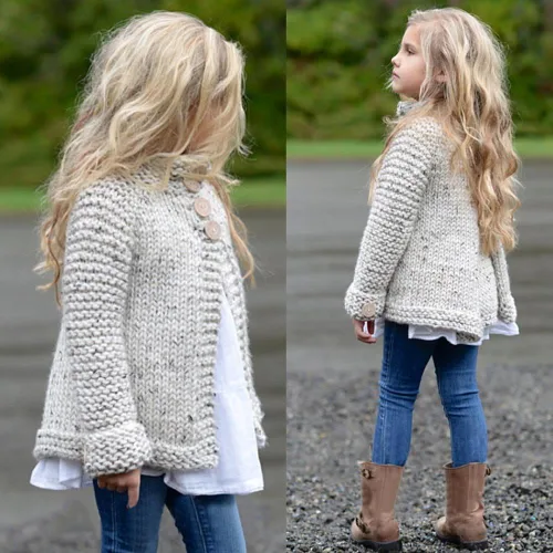 Vista 3 de Abrigo de otoño e invierno para niños pequeños de 2 a 8 años ropa para niñas suéter de punto con botones