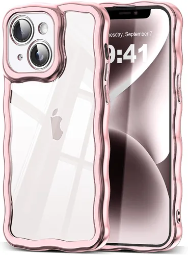 Vista 18 de SKYLMW Funda compatible con iPhone 12 Pro, diseño de ondas rizadas kawaii, borde chapado de lujo, elegante parte trasera transparente brillante, TPU