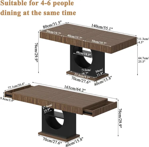 Vista 2 de Mesa de comedor para 4-6 personas, mesa de comedor de 55 pulgadas con cajones y almacenamiento abierto, base de pedestal de madera, mesa rectangular