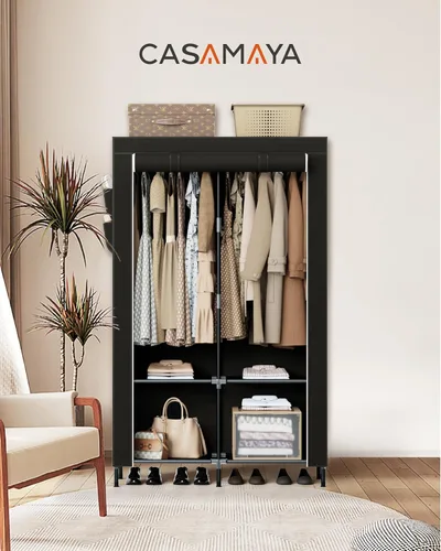 Vista 2 de CASAMAYA Armario portátil, armario de 34 pulgadas de gran capacidad con cubierta, organizador de almacenamiento de ropa con estantes y 2 varillas