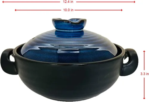 Vista 4 de Olla de cerámica y arcilla, donabe japonés, cazuela china/olla de tierra, olla de cocina con tapa, vapor pequeño, azul, 2.6 cuartos de galón
