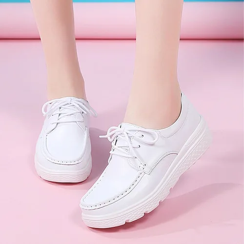 Vista 7 de DirraBra Mocasines de cuero para mujer, con plataforma, con cordones, transpirables, ligeros, cómodos