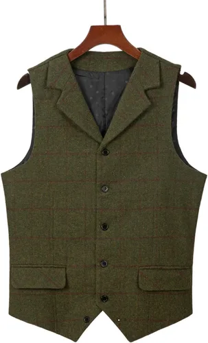 Vista 3 de Chaleco de traje a cuadros casual para hombre, chaleco de tweed ajustado para padrinos de boda