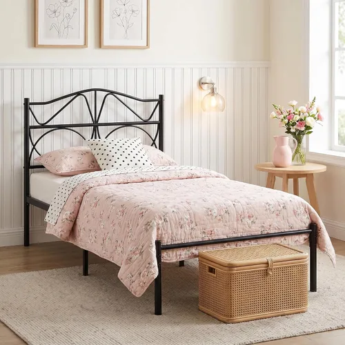 Vista 3 de VECELO Base de cama de plataforma de metal tamaño individual con cabecera y estribo, base de colchón de soporte de listones resistentes, no necesita