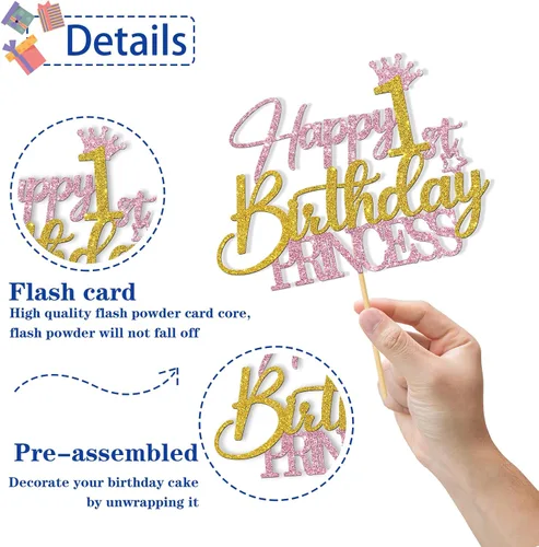 Vista 3 de Decoración para pastel de princesa de primer cumpleaños, suministros para pastel de primer cumpleaños para niña, decoraciones de fiesta