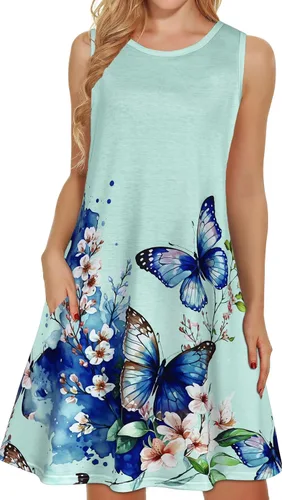 Vista 9 de elescat Vestidos de verano para mujer 2025, vestido casual de playa sin mangas con estampado floral, tipo camiseta, suelto y con bolsillos