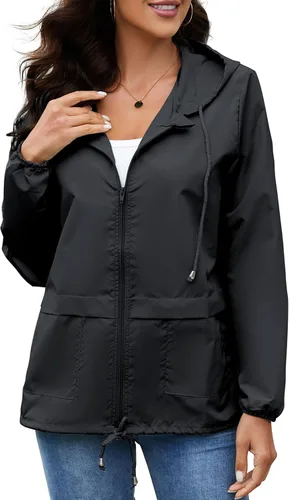 Vista 2 de Chubasqueros para mujer, rompevientos, impermeable, ligera, con capucha, para exteriores, tallas S-XXL