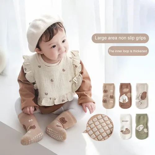 Vista 2 de Calcetines antideslizantes para bebés, calcetines cálidos y gruesos antideslizantes para niñas y niños, recién nacidos, 5 pares