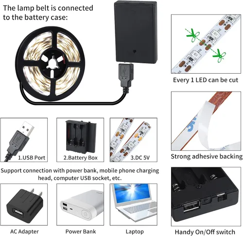 Vista 5 de Tira de luz LED USB de 6500 K con caja de batería, tira de luces blancas de luz diurna de 16.4 pies para debajo del gabinete, cortables