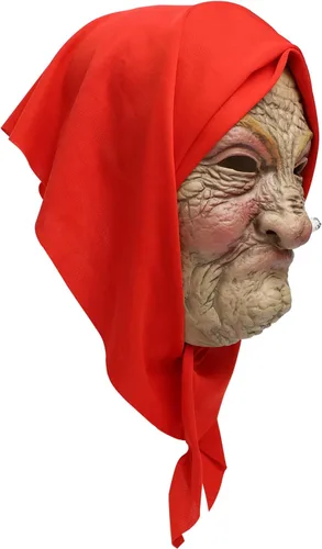 Vista 6 de Pigmiss Máscara de abuela fumadora para Halloween, con diseño de anciana aterradora, realista, con bufanda de tela para la cabeza, disfraces