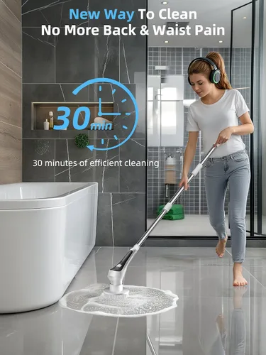 Vista 2 de Limpiador eléctrico giratorio, limpiador de ducha inalámbrico con pantalla de visualización, cepillo de limpieza de baño impermeable IP68, mango