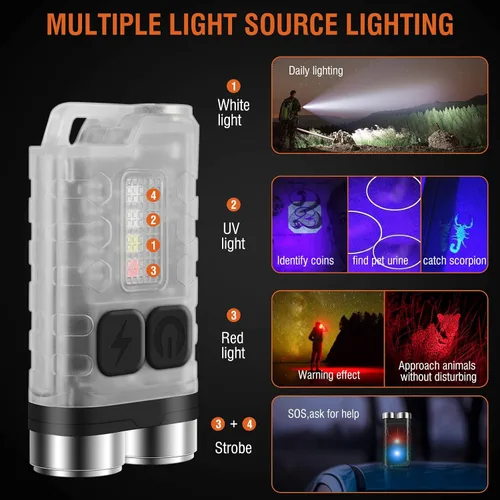 Vista 2 de BORUIT V3 pequeña linterna EDC potente con luz roja UV azul - súper brillante recargable mini llavero LED linterna de bolsillo - 10 modos, USB-C