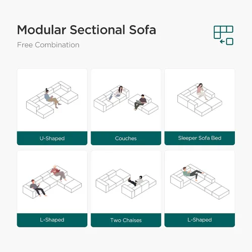 Vista 4 de Acanva Sofá modular convertible con otomana, en forma de L, negro Sofá de pana, marco de madera, combinación libre, sofá cama, para sala de estar