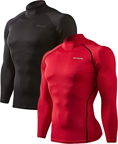 Vista 14 de DEVOPS Paquete de 2 camisetas térmicas de compresión de manga larga con cuello alto para hombre negro (Black / Wine)