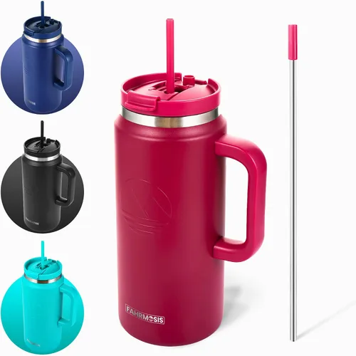 Vista 14 de FAHRMOSIS Vaso de 40 onzas con asa y pajita, taza aislada que cabe en el portavasos para bebidas frías y calientes, vaso a prueba de fugas