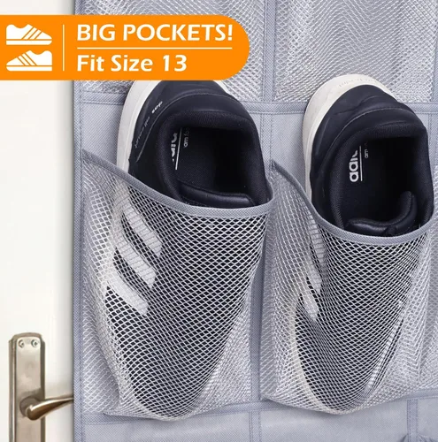 Vista 9 de MISSLO Organizador de zapatos para colgar sobre la puerta, 35 bolsillos grandes, resistente tela Oxford, color gris