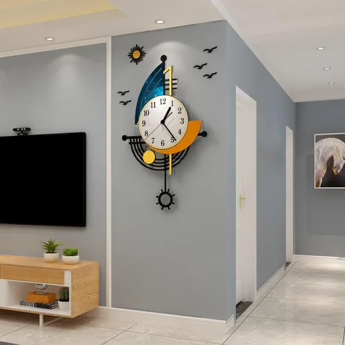 Vista 3 de YISILE Reloj de pared moderno, funciona con pilas, 23 pulgadas, diseño de barco grande, relojes de pared de péndulo para decoración de sala