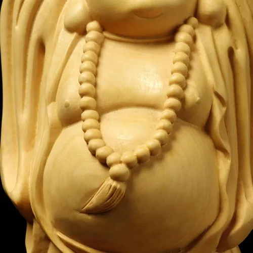 Vista 6 de Estatua de madera maciza de Feng Shui de Buda riendo sosteniendo lingote, figuras chinas de Buda feliz, riqueza suerte, decoración de oficina