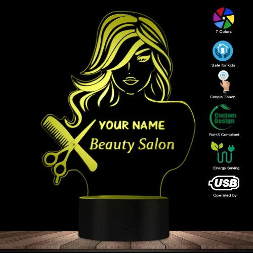 Vista 6 de The Geeky Days Salón de belleza 3D LED noche luz peluquería peluquería tijeras peine mesa escritorio lámpara nombre personalizado diseño moderno