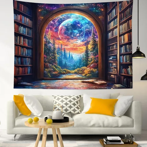 Vista 10 de LB Tapiz de cielo nocturno y océano, tapiz de luna llena sobre el agua, tapiz para colgar en la pared, tapiz de fantasía mágica de acuarela 3D, arte