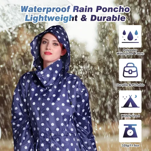 Vista 2 de Chubasqueros largos para mujer, impermeable, plegable, con capucha, rompevientos ligeros y ajustables para exteriores