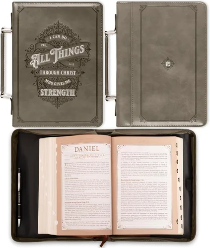 Vista 2 de Christian Art Gifts Funda protectora de piel sintética gris para la Biblia clásica: Todas las cosas a través de Cristo - Filipenses 4:13 versículo
