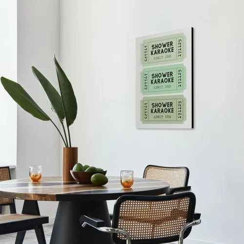 Vista 6 de Lienzo con impresión de karaoke para ducha, divertido arte de pared de baño, póster retro de boletos, color verde salvia, decoración de baño