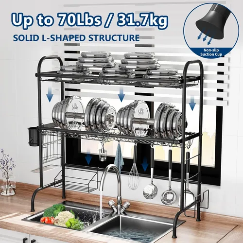Vista 5 de MOUKABAL Escurridor de platos – Escurridor de platos de acero inoxidable (longitud expandible), escurridor grande de 2 niveles con soporte