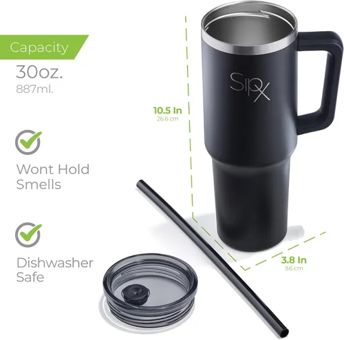 Vista 6 de SipX™ Vaso aislado de 30 onzas con asa y pajita, acero inoxidable aislado al vacío, a prueba de fugas, apto para portavasos - Perfecto para café
