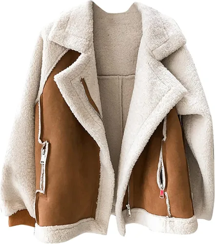 Vista 4 de Abrigo de peluche para mujer, casual, cómodo, corto, de lana de cordero, abrigo de piel sintética
