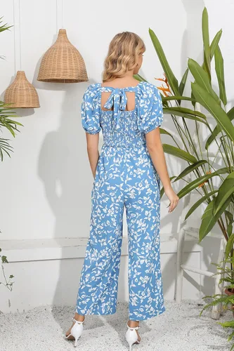 Vista 5 de Love Welove Fashion - Enterizo de verano para mujer, diseño floral, elegante, casual, holgado, pierna ancha, manga corta, de una pieza