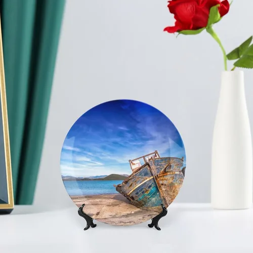 Vista 6 de Plato decorativo de pared de porcelana de 6 pulgadas con soporte, barco, cielo, mar, paisaje, naturaleza, adornos coleccionables, arte de pared