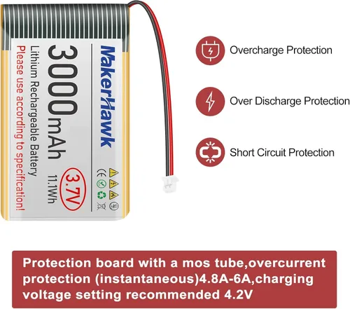 Vista 6 de MakerHawk Batería LiPo de 3.7 V 3000 mAh recargable de polímero de litio 1S con placa de protección con cinta de goma aislada, enchufe micro JST
