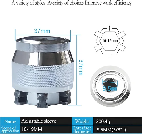 Vista 8 de Convertidor Universal de Manguito de Enchufe Multifuncional para Llave de Transmisión de 3/8", Adaptador de Enchufe Ajustable de 10-19mm