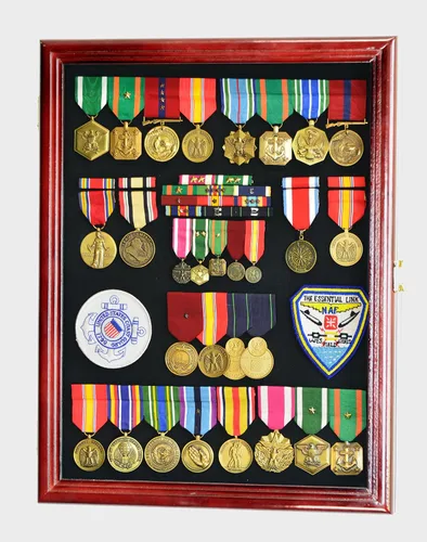 Vista 4 de Medallas militares, alfileres, insignias, parches, insignias, cintas, vitrina de bandera Shadowbox fondo fijable - con cerradura