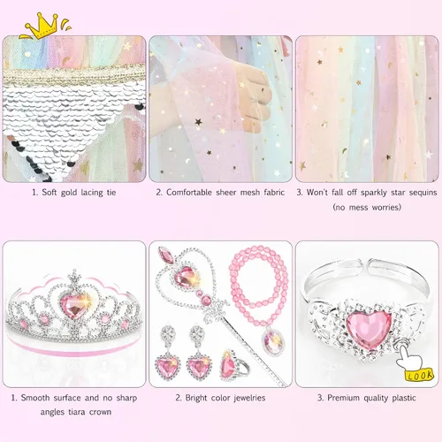 Vista 5 de Fedio Juego de capa de princesa, 7 piezas, capa de princesa con corona de tiara, varita para niñas pequeñas (arcoíris)