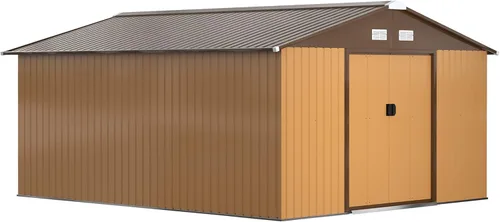 Vista 19 de Outsunny Cobertizo de almacenamiento exterior de 11' x 13', cobertizo de metal para herramientas de jardín con kit de cimentación, puerta con doble