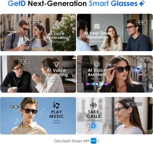Vista 8 de GetD Gafas AI, gafas inteligentes impulsadas por ChatGPT, traducción de IA Lente fotocromática negra + gris
