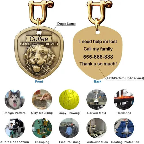 Vista 6 de Collar de cuero auténtico para perro + Juego de etiqueta para perro bulldog con relieve 3D (XS-S)