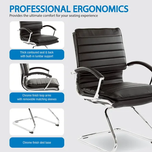 Vista 4 de Office Star SPX - Silla de invitados de piel sintética con respaldo medio con brazos de bucle y base cromada, color negro