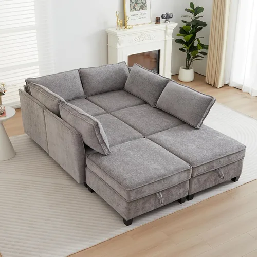 Vista 43 de ORRD Juego de sofá modular esquinero de gran tamaño, sofá convertible en forma de L con almacenamiento, sofá modular de 8 plazas con otomanas y Beige