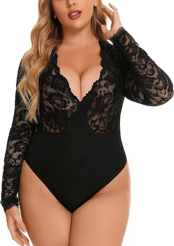 Vista 3 de Gladiolus Body de encaje para mujer, talla grande, sexy, con escote en V profundo, a presión, de manga larga, L-XXXL