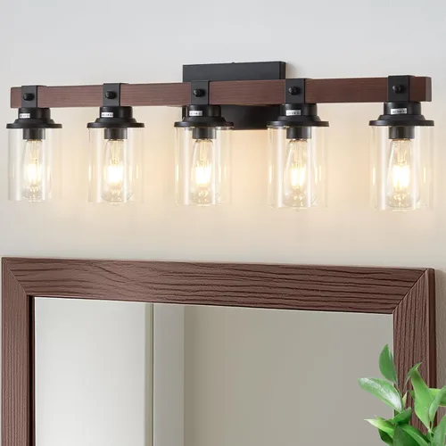 Vista 8 de Lámpara de tocador de madera de granja para baño, 3 luces de baño sobre espejo, apliques de pared rústicos con pantalla de metal para baño