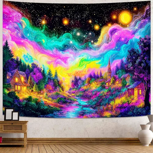 Vista 25 de Kanuyee Tapiz de luz negra de neón para colgar en la pared, bosque encantado, cascada, tapices para dormitorio, tapices UV, para colgar en la pared